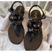 Replica Chanel Lambskin Classic Camellia Thong Sandals Black 2020 Collection CE02407