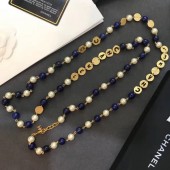 Replica Luxury Chanel Round Metal and Pearl Sweater Long Necklace Gold/Blue/White 2019 Collection CE03583