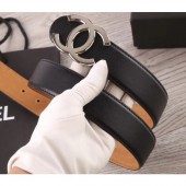 Replica Top Chanel Width 3.5cm Leather Belt Black/Khaki with Silver CC Logo CE04213